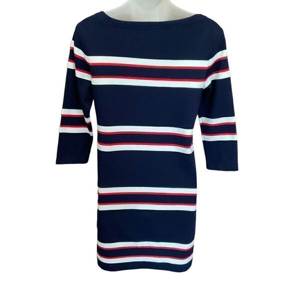 GAP Dress Striped Knee Length Tunic Blue Red White 3/4 Sleeve Boat Neck XS - Picture 2 of 10